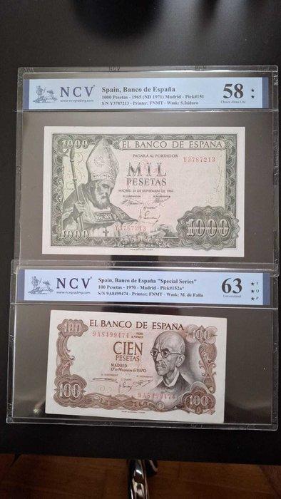 Spanje. - 100 and 1000 Pesetas - 1965/1970 - (incl., Postzegels en Munten, Bankbiljetten | Europa | Niet-Eurobiljetten
