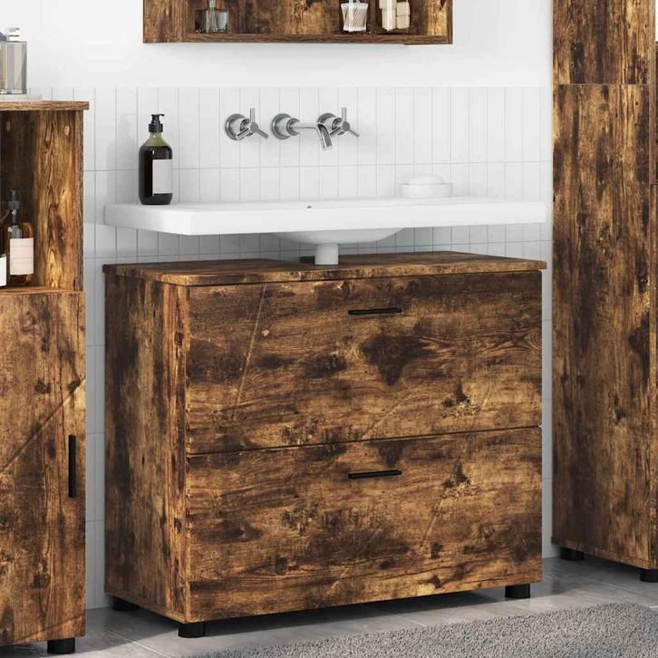 vidaXL Badkamerkast Gerookt eiken 76.5 x 35 x 64 cm Bewerkt, Huis en Inrichting, Tafels | Kaptafels, Nieuw, Verzenden