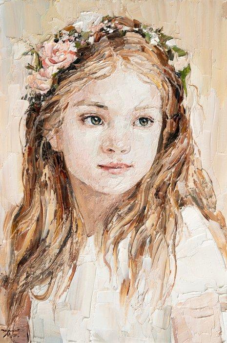 Mariia Bobyreva - Girl in a wreath, Antiek en Kunst, Kunst | Schilderijen | Modern