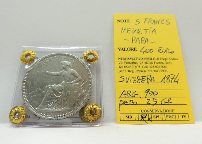 Zwitserland. 5 Francs 1874 / Helvetia seated (Zonder, Postzegels en Munten, Munten | Europa | Niet-Euromunten