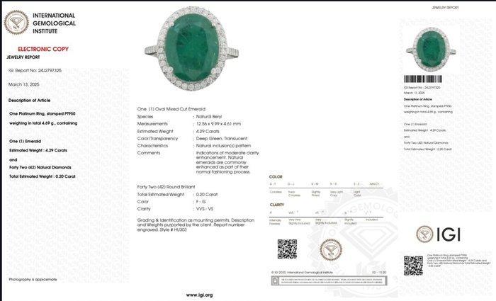 Zonder Minimumprijs - Ring Platina - 4.49ct. tw. Smaragd -, Handtassen en Accessoires, Ringen