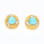 Oorbellen - 18 karaat Geel goud Turquoise - Diamant, Nieuw