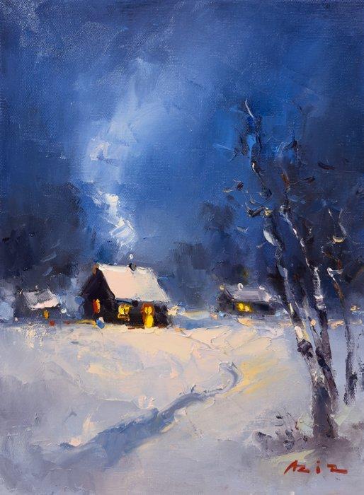 Aziz Sulaimanov - Winter Evening in Silence, Antiek en Kunst, Kunst | Schilderijen | Modern
