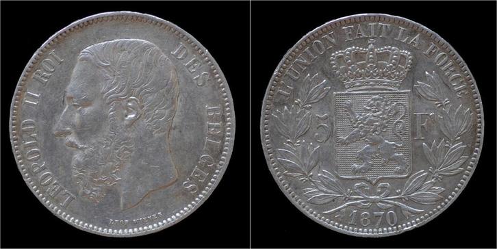 Belgium Leopold Ii 5 frank 1870 zilver, Postzegels en Munten, Munten | Europa | Niet-Euromunten, België, Verzenden