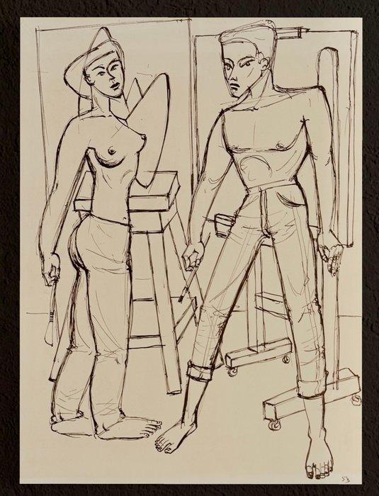 Yvon Adam (1932-2017) - Scène d’atelier - Le peintre et son, Antiek en Kunst, Kunst | Designobjecten
