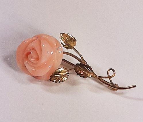 Broche - 18 karaat Geel goud Koraal - Vintage jaren 50, Handtassen en Accessoires, Antieke sieraden