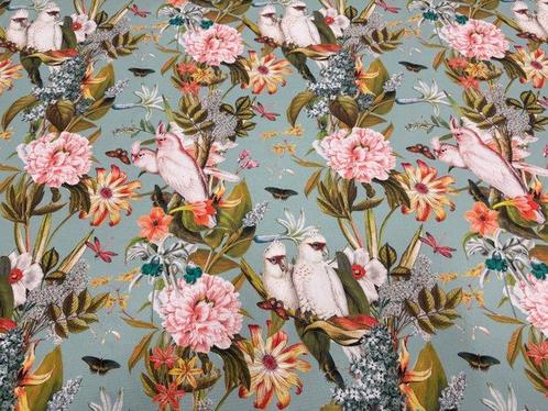Tropisch paradijs: biologisch katoen met papegaaien en, Antiek en Kunst, Antiek | Tapijten, Tafelkleden en Textiel