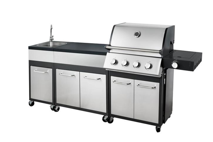 Outdoor Keuken met 4 Branders - Dubbelwandig Deksel -Zijb..., Tuin en Terras, Houtskoolbarbecues, Nieuw, Ophalen of Verzenden