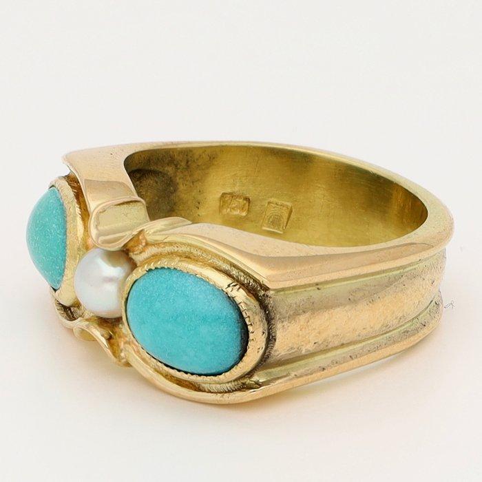 Ring - 18 karaat Geel goud - Turkoois Parel, Handtassen en Accessoires, Ringen