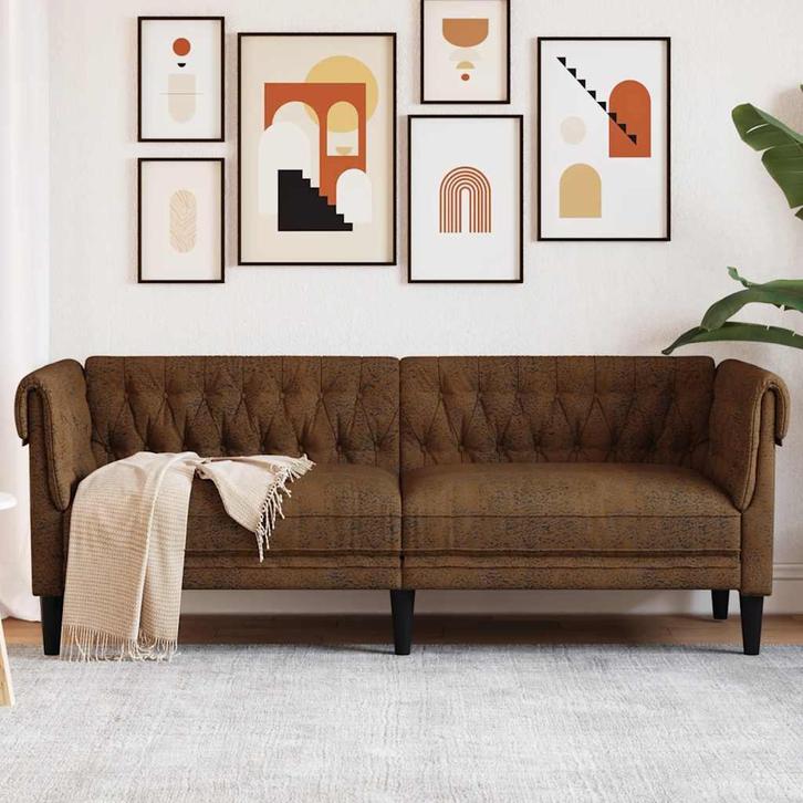 vidaXL Driezitsbank Chesterfield-stijl stof bruin, Huis en Inrichting, Zetels | Zetels, Nieuw, Verzenden