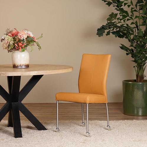 Set van 6 leren eetkamerstoelen - met wieltjes en zonder, Huis en Inrichting, Stoelen, Overige kleuren, Eén, Nieuw, Leer, Ophalen of Verzenden