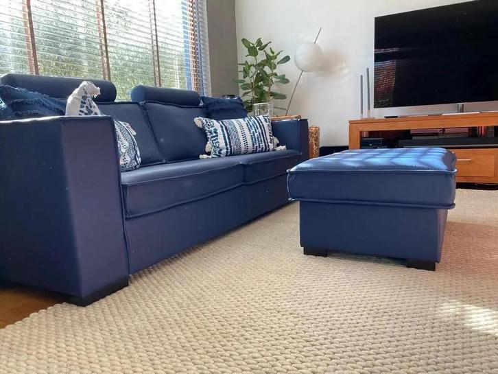 Leren 3-zits bank met Franse stiknaad en houten poten - met, Antiek en Kunst, Antiek | Meubels | Stoelen en Sofa's, Ophalen of Verzenden