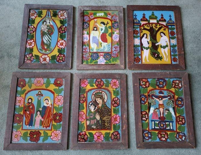 Collectie van 10 Roemeense schilderijen achter glas (10) -, Antiquités & Art, Art | Art non-occidental