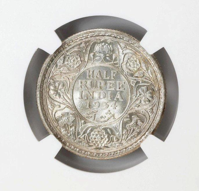 Inde britannique. George V. 1/2 Rupia 1934 - NGC MS64, Postzegels en Munten, Munten | Europa | Niet-Euromunten