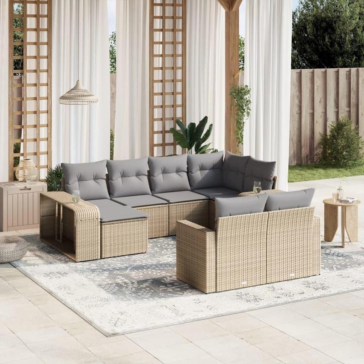 vidaXL 10-delige Loungeset met kussens poly rattan beige, Tuin en Terras, Tuinsets en Loungesets, Nieuw, Verzenden