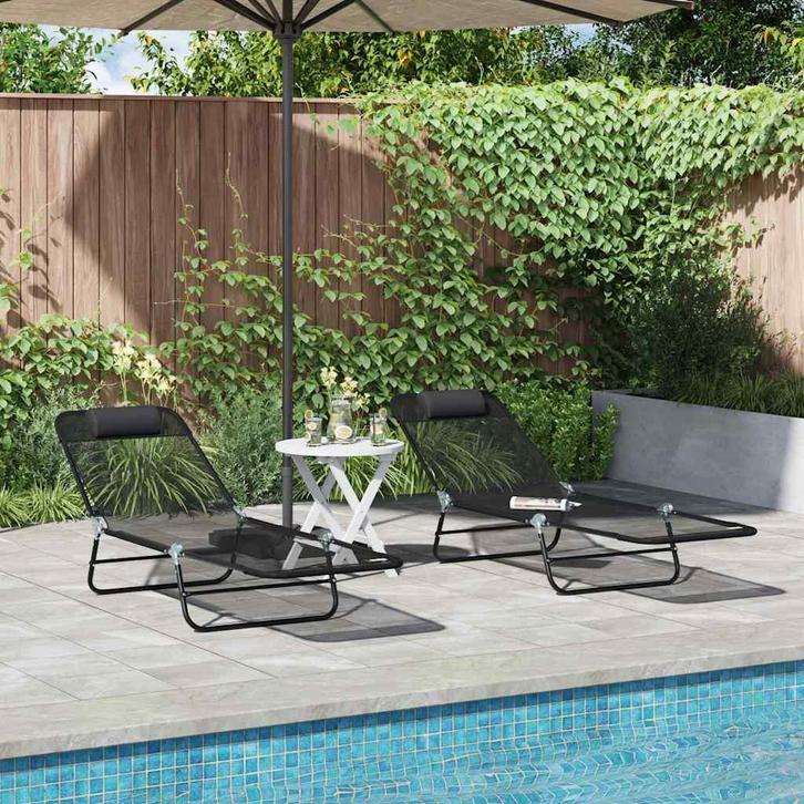 vidaXL Opvouwbare zonnebed 2 pcs Zwart 182 x 55 x 85,5 cm, Tuin en Terras, Ligbedden, Nieuw, Verzenden
