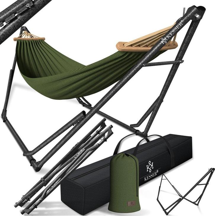 Hangmat met standaard - Opvouwbaar - Tot 120kg -  Khaki - KE, Tuin en Terras, Hangmatten, Nieuw, Verzenden