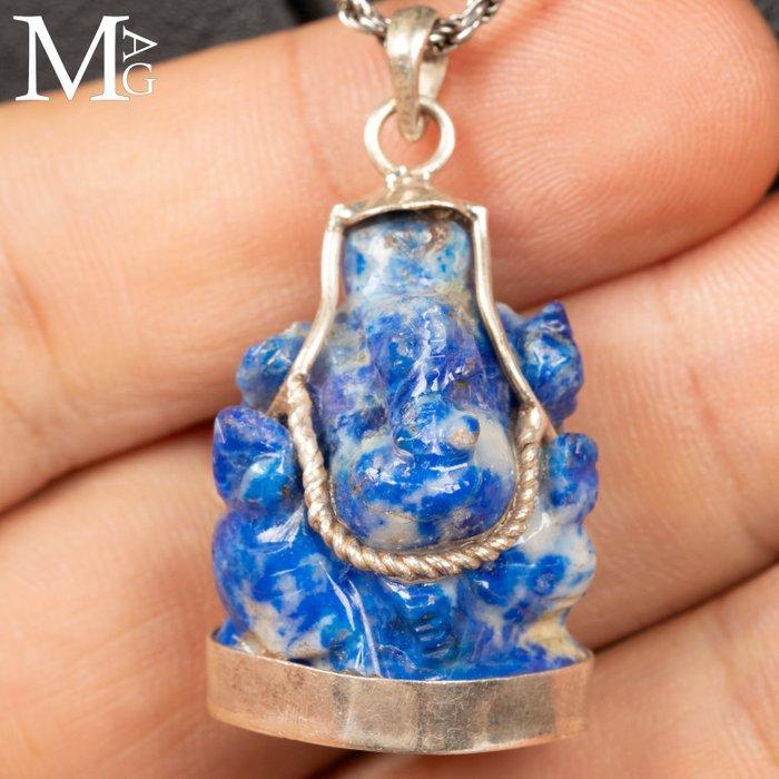 Lapis lazuli - Ganesha uitgehouwen - zilveren hanger –, Antiquités & Art, Curiosités & Brocante