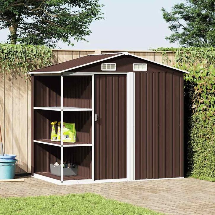 vidaXL Tuinschuur met rek 205x130x183 cm ijzer bruin, Tuin en Terras, Tuinhuizen, Nieuw, Verzenden