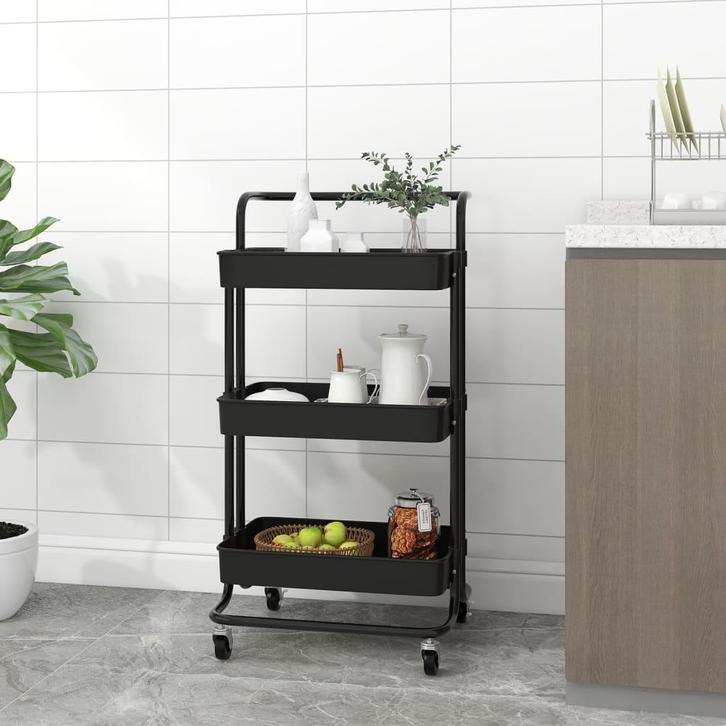 vidaXL Keukentrolley 3-laags 42x35x85 cm ijzer en ABS zwart, Huis en Inrichting, Keuken | Keukenbenodigdheden, Nieuw, Verzenden