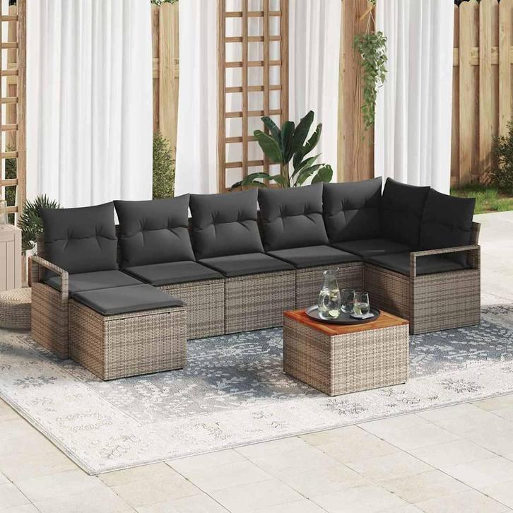 vidaXL Tuinbank Set met kussen 8 pcs Grijs Poly rattan, Tuin en Terras, Tuinsets en Loungesets, Nieuw, Verzenden