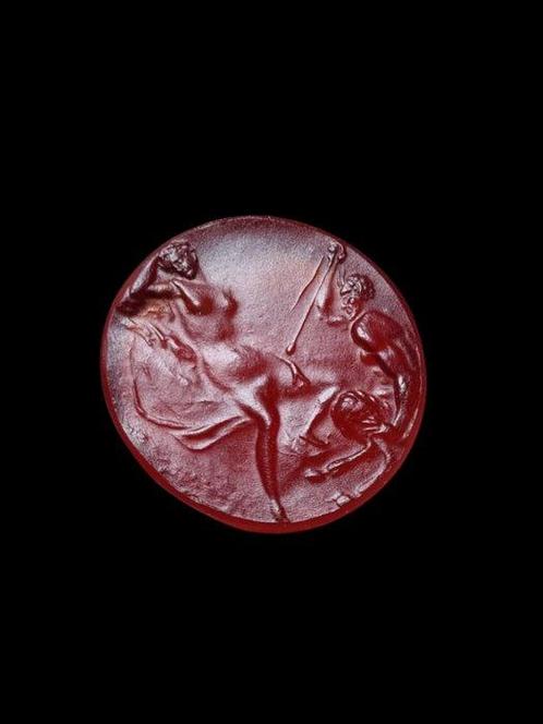 Oud-Grieks Stunning Intaglio Stone ( Pan and a nymph ), Handtassen en Accessoires, Antieke sieraden