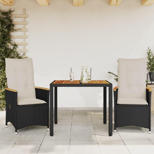 vidaXL 3-delige Bistroset met kussens poly rattan zwart, Tuin en Terras, Tuinsets en Loungesets, Nieuw, Verzenden