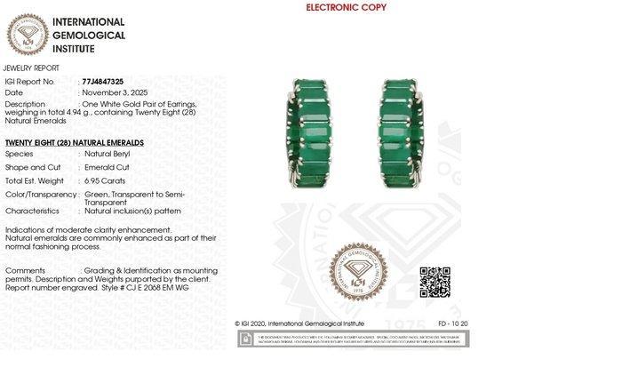 Oorbellen - 14 karaat Witgoud - 6.95ct. tw. Smaragd, Handtassen en Accessoires, Oorbellen