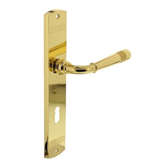 Deurklink Helena op schild sleutelgat 72 mm messing gelakt, Doe-het-zelf en Bouw, Hang- en Sluitwerk, Klink of Kruk, Nieuw, Koper of Messing