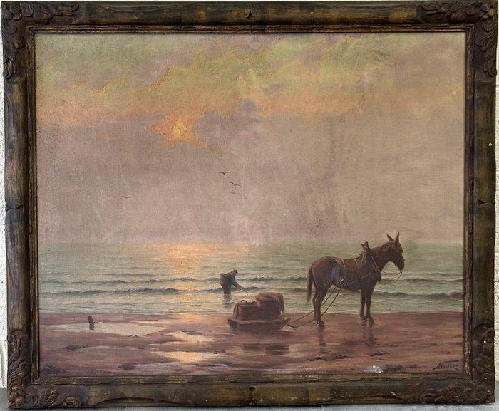 Albert Caullet (1875-1950) - La pêche aux crevettes à cheval, Antiquités & Art, Art | Peinture | Classique
