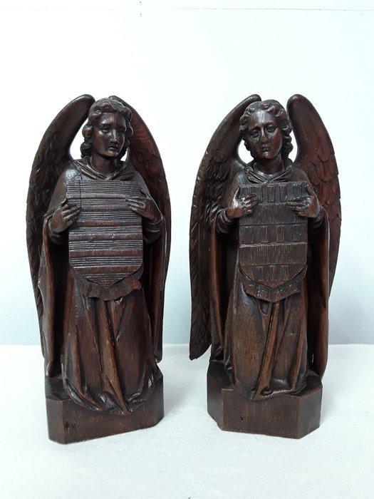 Beeld, Paar Engelen - 28 cm - Eik - 1850, Antiquités & Art, Art | Art non-occidental