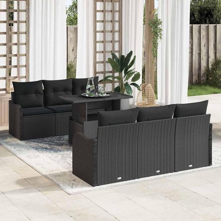 vidaXL Tuinbank Set met kussen 7 pcs Zwart Poly rattan, Tuin en Terras, Tuinsets en Loungesets, Nieuw, Verzenden