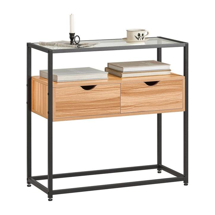 2dekans | SoBuy Bijzettafel met Glazen plaat - Met 2 Lades -, Huis en Inrichting, Tafels | Salontafels, Ophalen of Verzenden