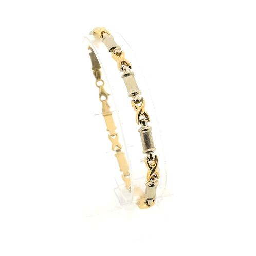 Bicolor gouden fantasie schakel armband | 19,5 cm, Handtassen en Accessoires, Armbanden, Overige kleuren, Gebruikt, Goud, Ophalen of Verzenden