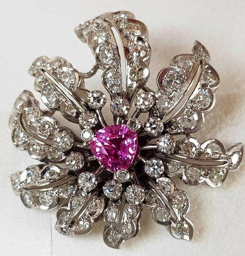 Broche Platina -  6.50ct. tw. Saffier - Diamant - MOOIE, Handtassen en Accessoires, Antieke sieraden