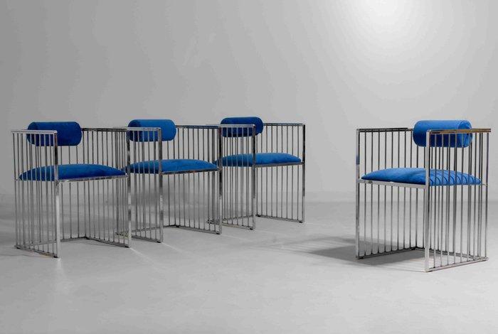 Eetkamerstoel (4) - Chroom, Fluweel - Sculptural set of, Antiquités & Art, Curiosités & Brocante