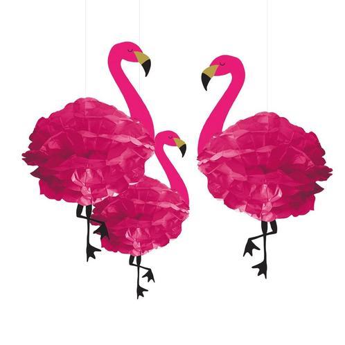 Hawaii Hangdecoratie Flamingo 49cm 3st, Hobby en Vrije tijd, Feestartikelen, Nieuw, Verzenden