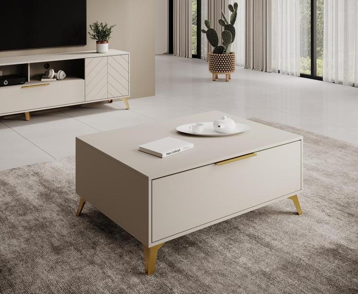 Meubella Salontafel beige goud 103x75x45 | Rechthoekig, Huis en Inrichting, Tafels | Salontafels, Nieuw, 50 tot 100 cm, Minder dan 50 cm