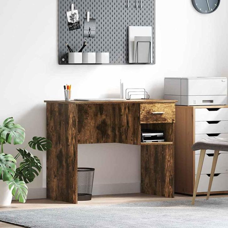 vidaXL Bureau met lade Rook Eiken 90 x 49 x 75 cm Bewerkt, Huis en Inrichting, Bureaus, Nieuw, Verzenden