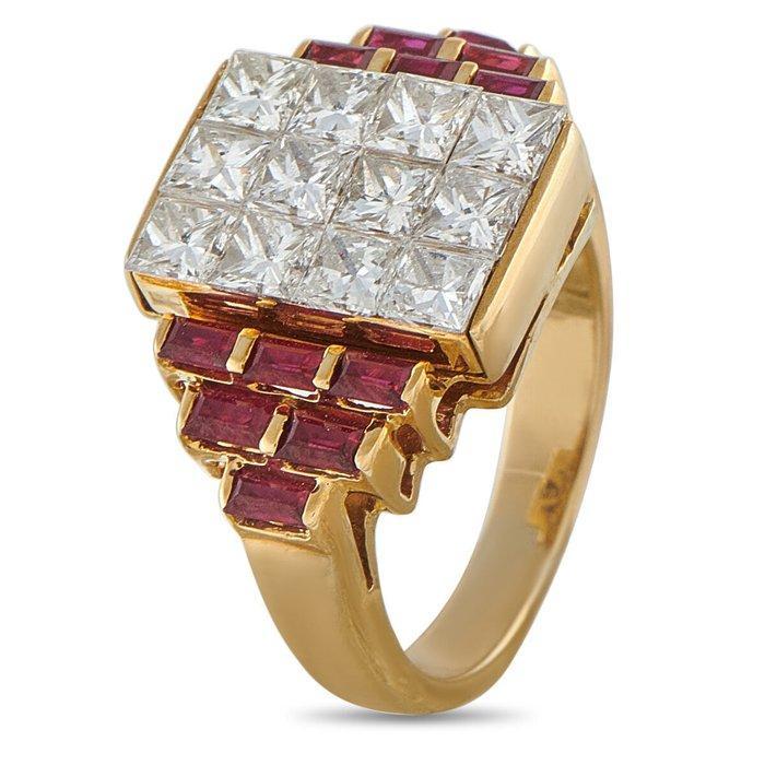 Ring - 18 karaat 18K Geelgouden 1,44ct Diamant en Robijn, Handtassen en Accessoires, Ringen