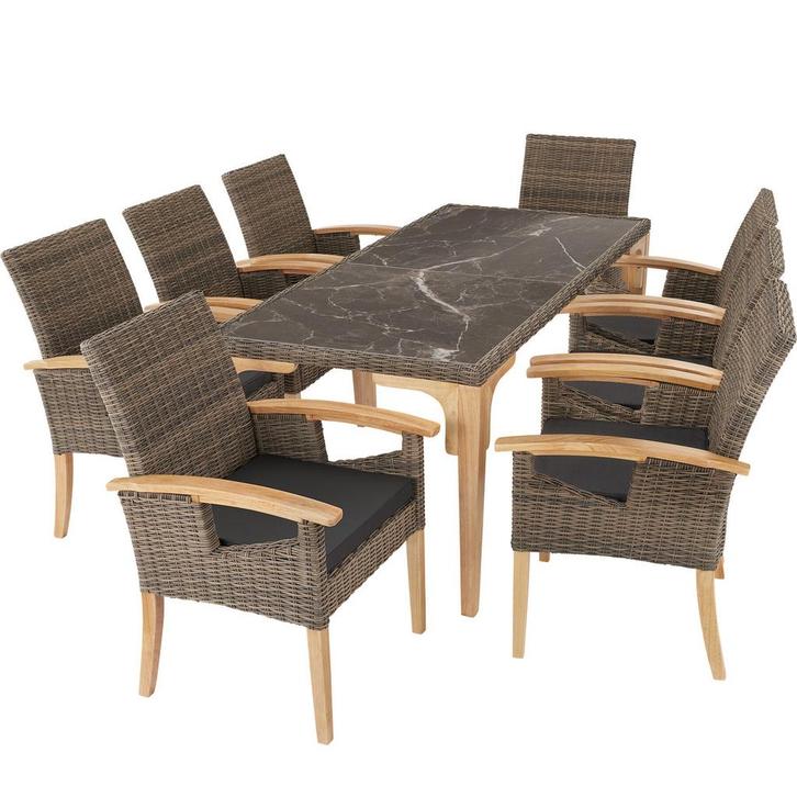 tectake Wicker tafel Foggia met 8 stoelen Rosarno - natuur, Tuin en Terras, Tuinsets en Loungesets, Verzenden