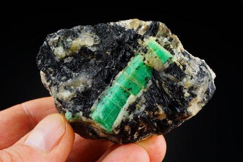Cristaux dÉMERAUDE simples avec des roses de TOURMALINE, Verzamelen, Mineralen en Fossielen