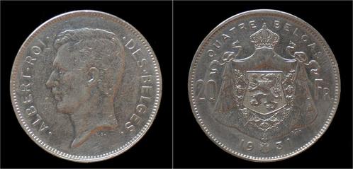 Belgium Albert I 20 frank (4belga) 1931fr-pos A nickel, Timbres & Monnaies, Monnaies | Europe | Monnaies non-euro, Envoi