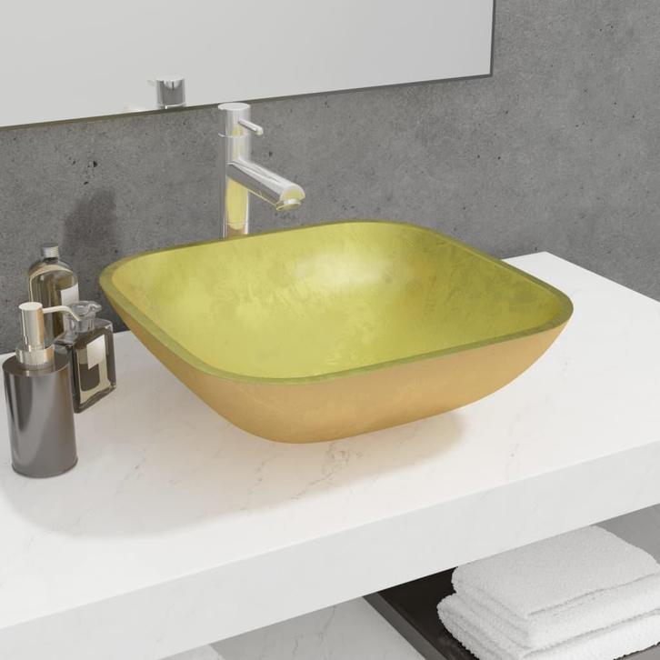 vidaXL Wasbak 42x42x14 cm glas goudkleurig, Doe-het-zelf en Bouw, Sanitair, Nieuw, Verzenden