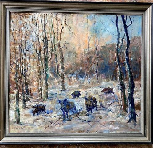 Jaap Hiddink (1910-2000) - Wilde zwijnen in de sneeuw, Antiek en Kunst, Kunst | Schilderijen | Klassiek