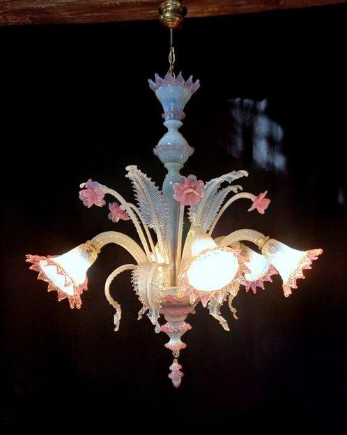 Lustre - Verre opalin et rose - Murano, Antiek en Kunst, Antiek | Verlichting