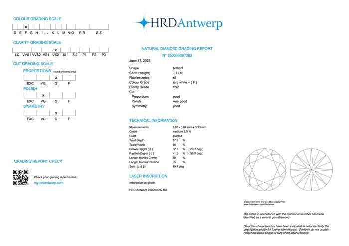 1 pcs Diamant (Naturelle) - 1.11 ct - Rond - F - VS2 - HRD, Handtassen en Accessoires, Edelstenen