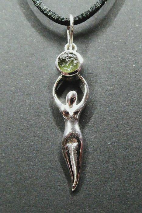 Zilver - Hanger - Moldavite - Godin, Verzamelen, Mineralen en Fossielen