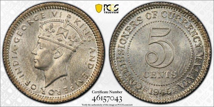 Maleisië, Malaya. George VI. 10 Cents 1945 - PCGS MS65, Postzegels en Munten, Munten | Europa | Niet-Euromunten