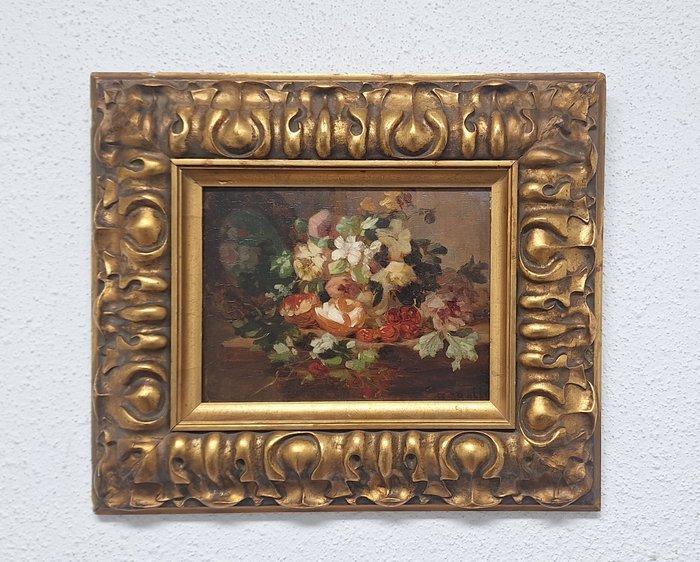 Franse school (XIX) - Bloem/Fruit stilleven voor spiegel, Antiek en Kunst, Kunst | Schilderijen | Klassiek